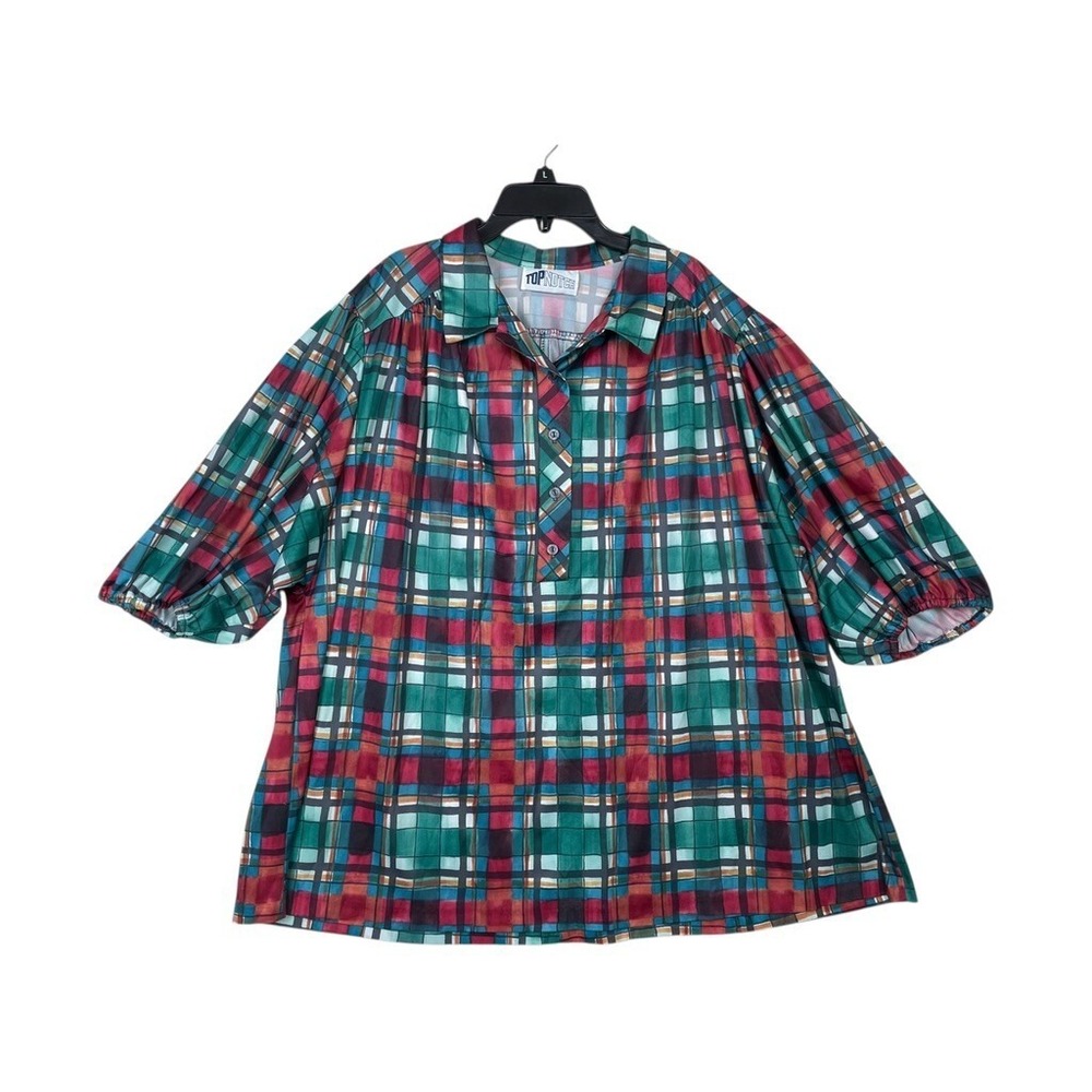 Vintage Top Notch Shirt Women Size 24W 3X‎ Plaid Multicolor Satin Balloon Sleeve